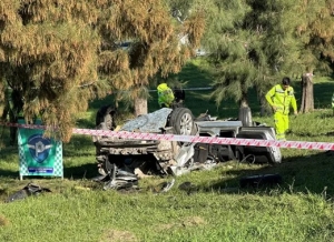 Así quedó el vehículo de los jóvenes pilarenses en la zona parquizada de Panamericana.